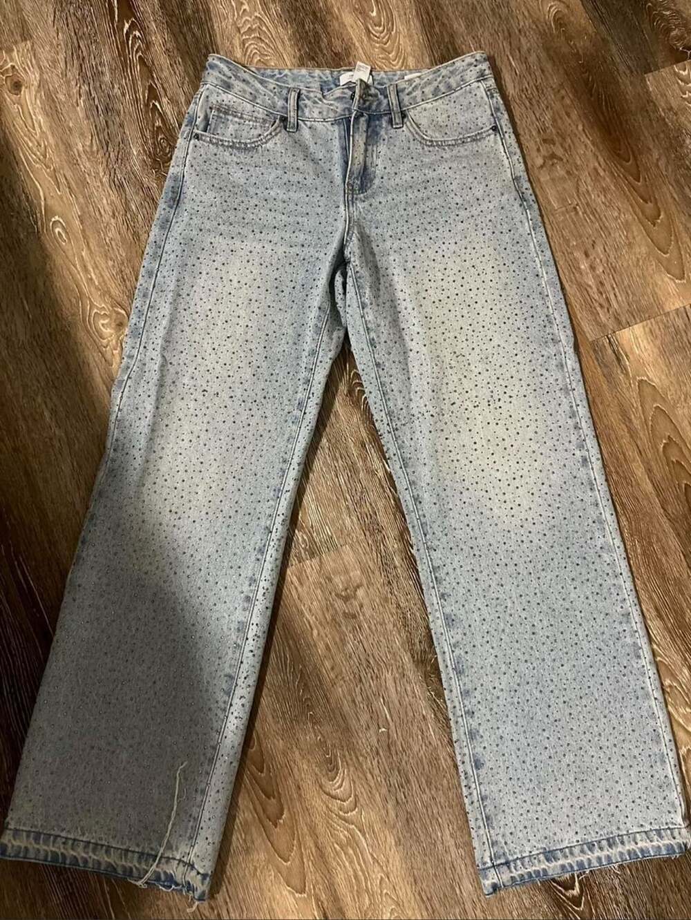 Forever 21 Light Wash Rhinestone Embellished Straight Leg Jeans